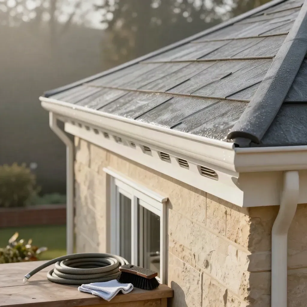 Clean fascia and soffit on a cream house with hose, brush, and soft daylight.
