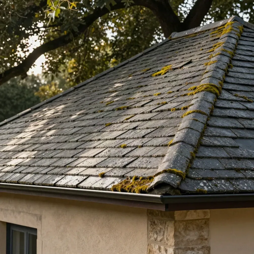 North-facing roof drying after moss control treatment beneath overhanging trees and patchy sun.