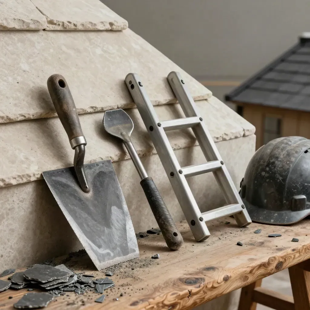 Roof scraper, slate ripper, ladder standoff and helmet on a dusty timber bench.