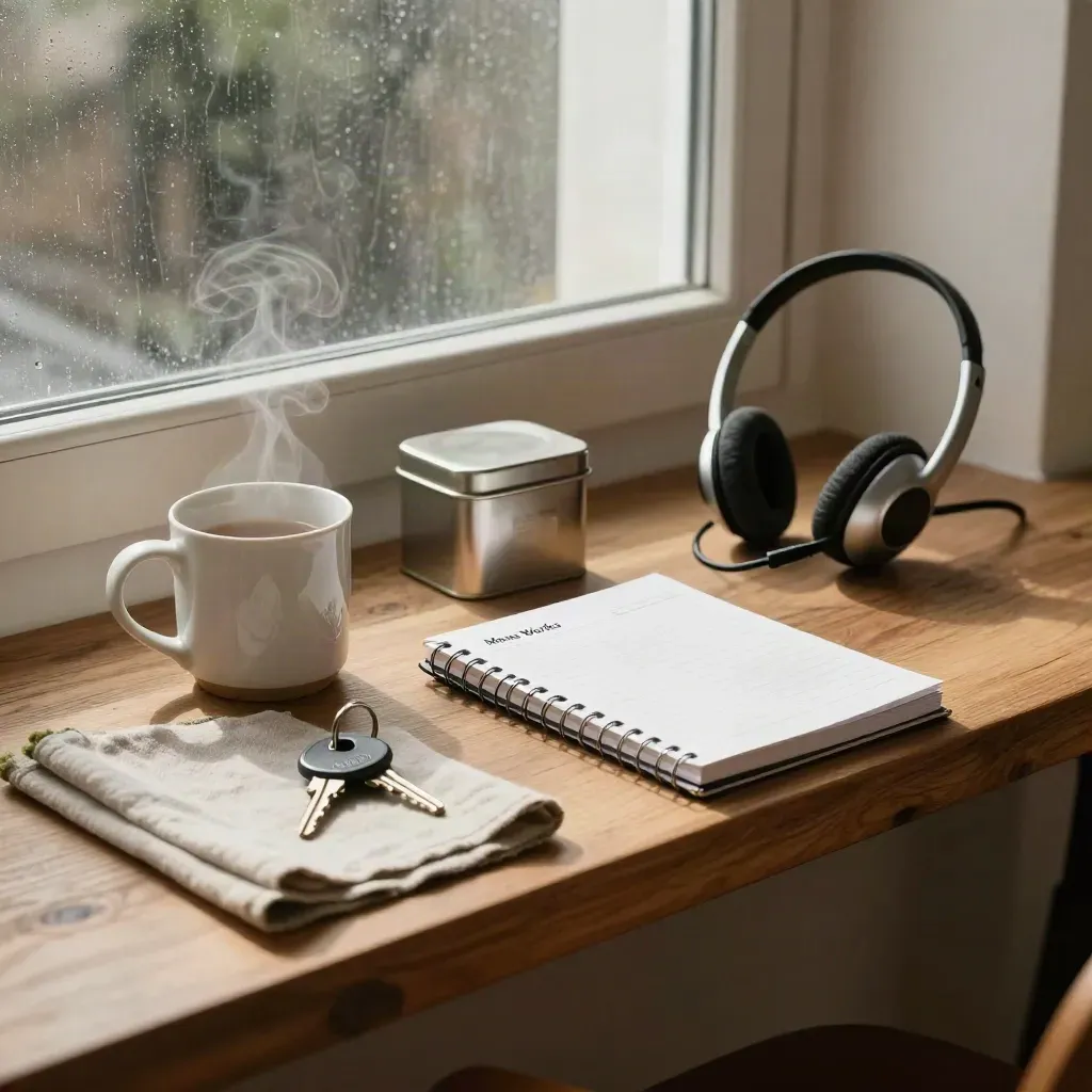 Client care tools on a linen cloth: steaming mug, mint tin, headset cradle, van keys, and notebook.