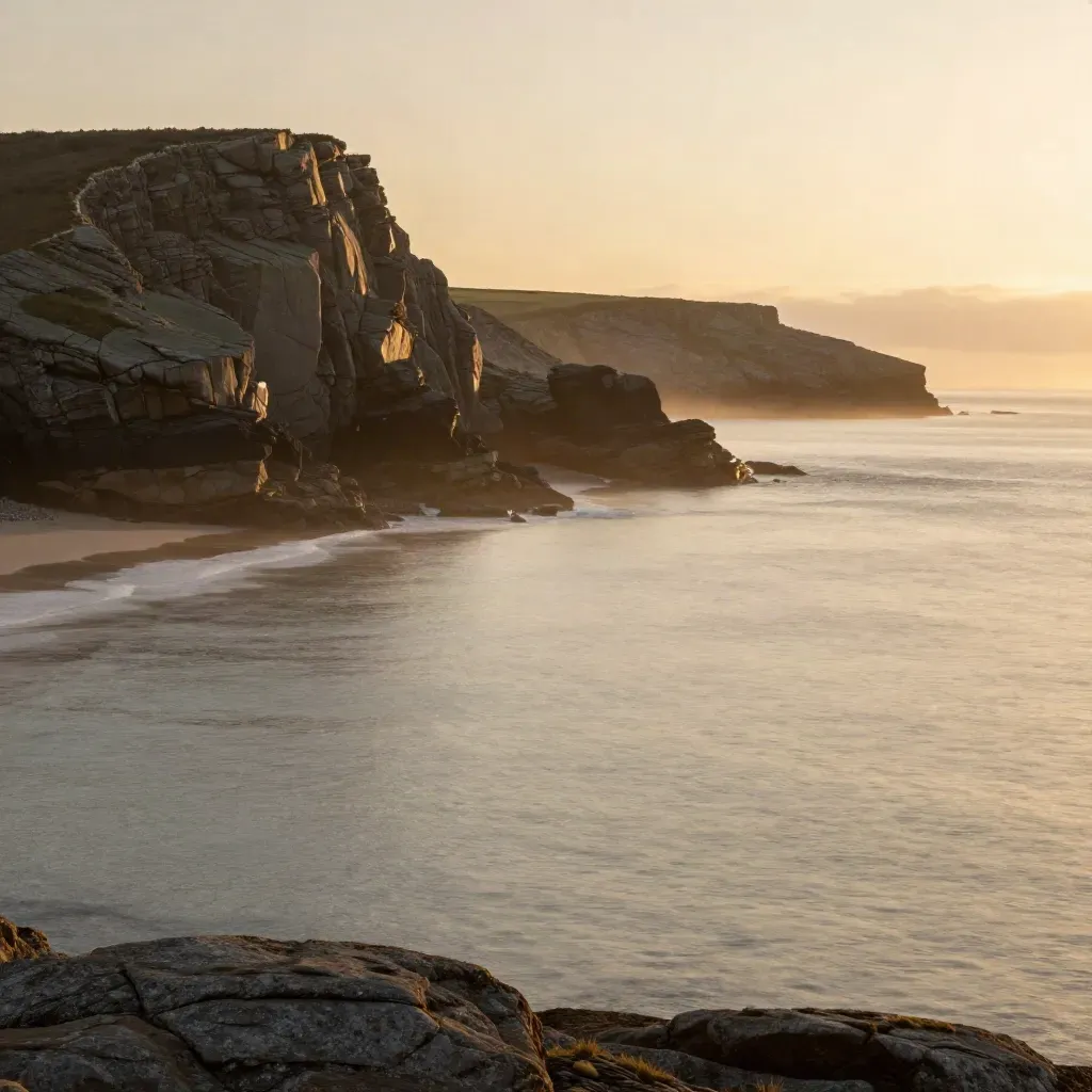 Golden-hour Cornwall cliffs above pale surf and sea haze, with calm open space below for copy.